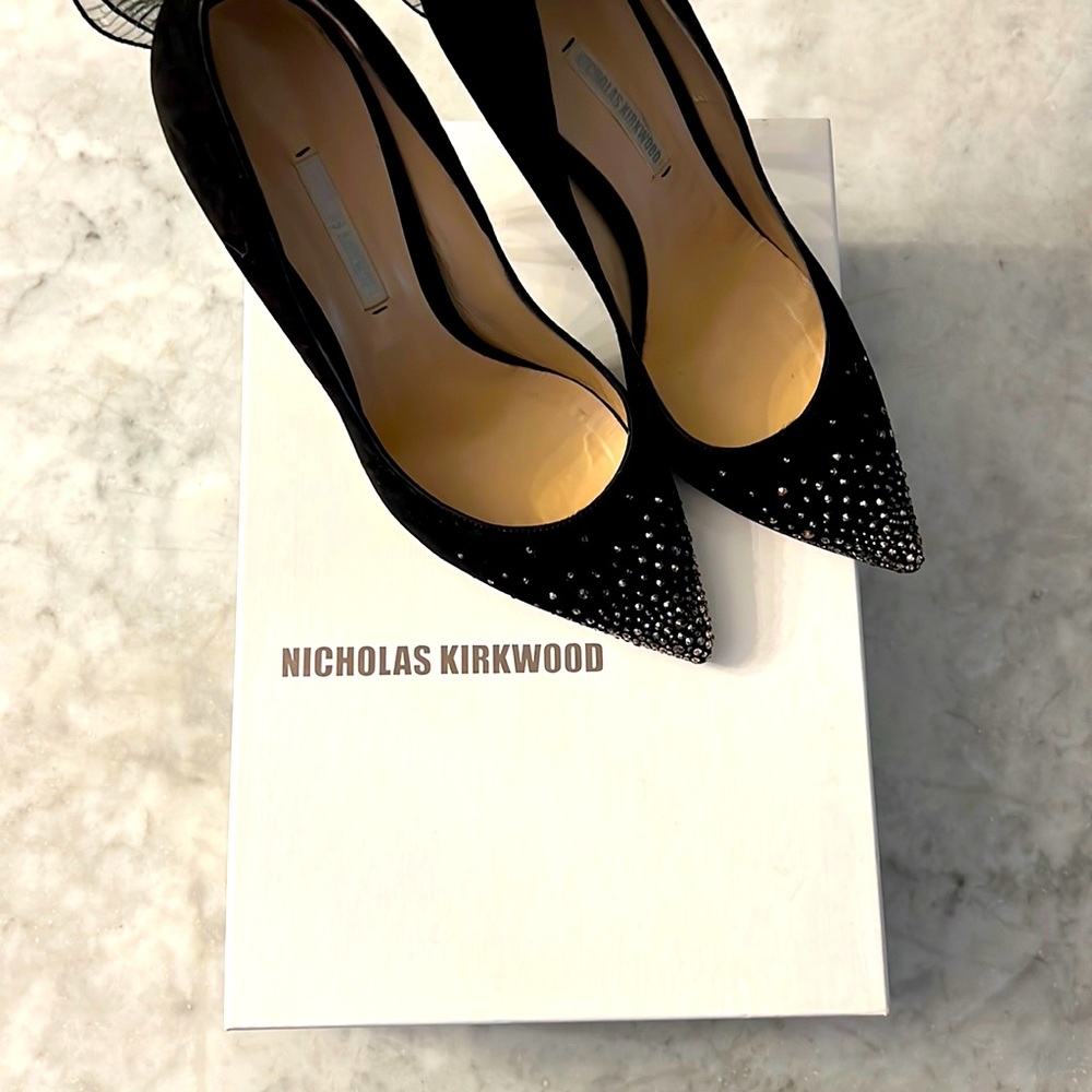 Nicholas Kirkwood black suede heels with Crystal details